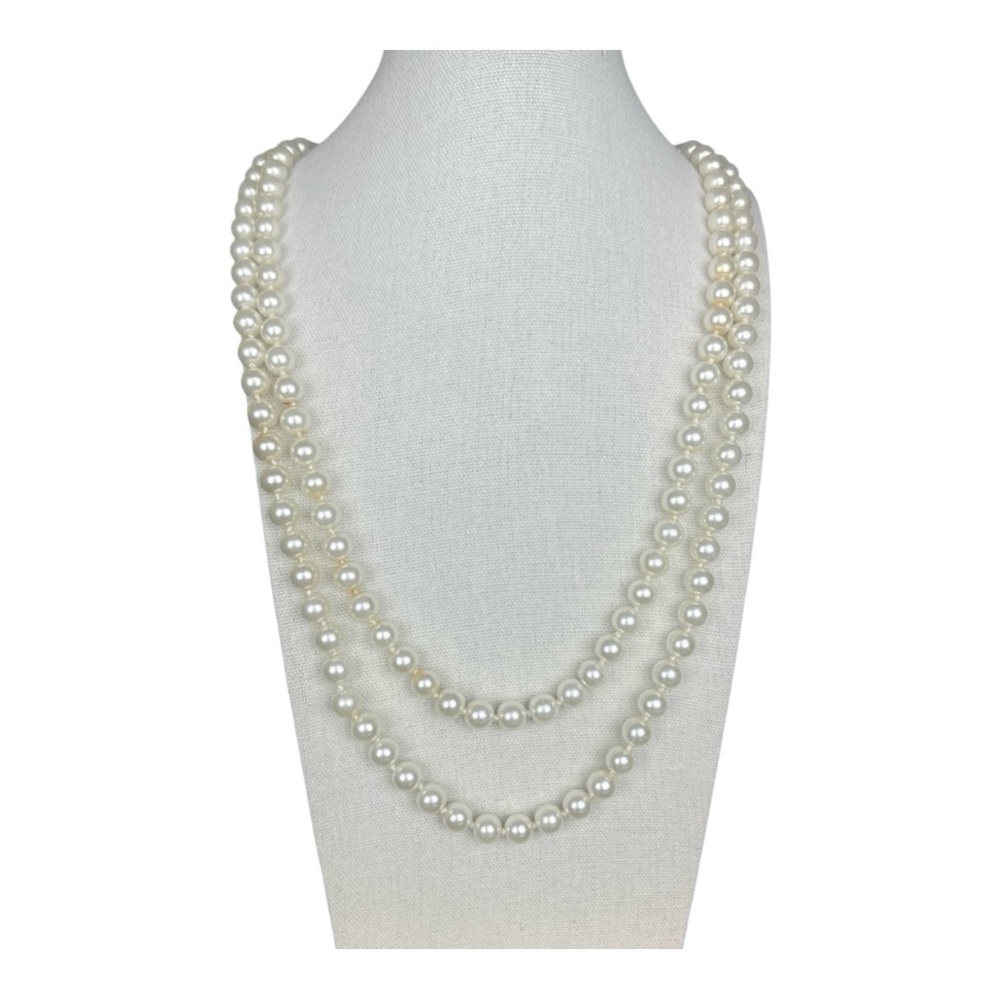 Vintage 60” Faux Pearl Necklace • Filigree Fish-Hook Clasp